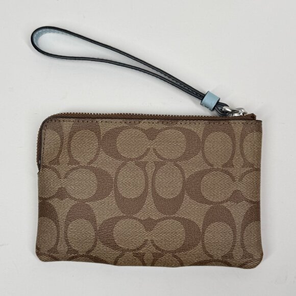 Coach Signature Canvas Corner Zip Wristlet Brown Light Blue Leather Trim - Picture 3 of 8